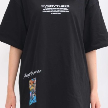 kadın  Bisiklet Yaka Baskılı Oversize T-Shirt - Siyah