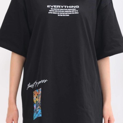 kadın  Bisiklet Yaka Baskılı Oversize T-Shirt - Siyah