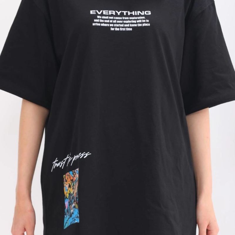 kadın  Bisiklet Yaka Baskılı Oversize T-Shirt - Siyah