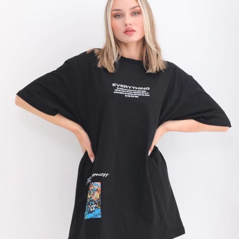 kadın  Bisiklet Yaka Baskılı Oversize T-Shirt - Siyah