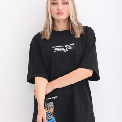 kadın  Bisiklet Yaka Baskılı Oversize T-Shirt - Siyah