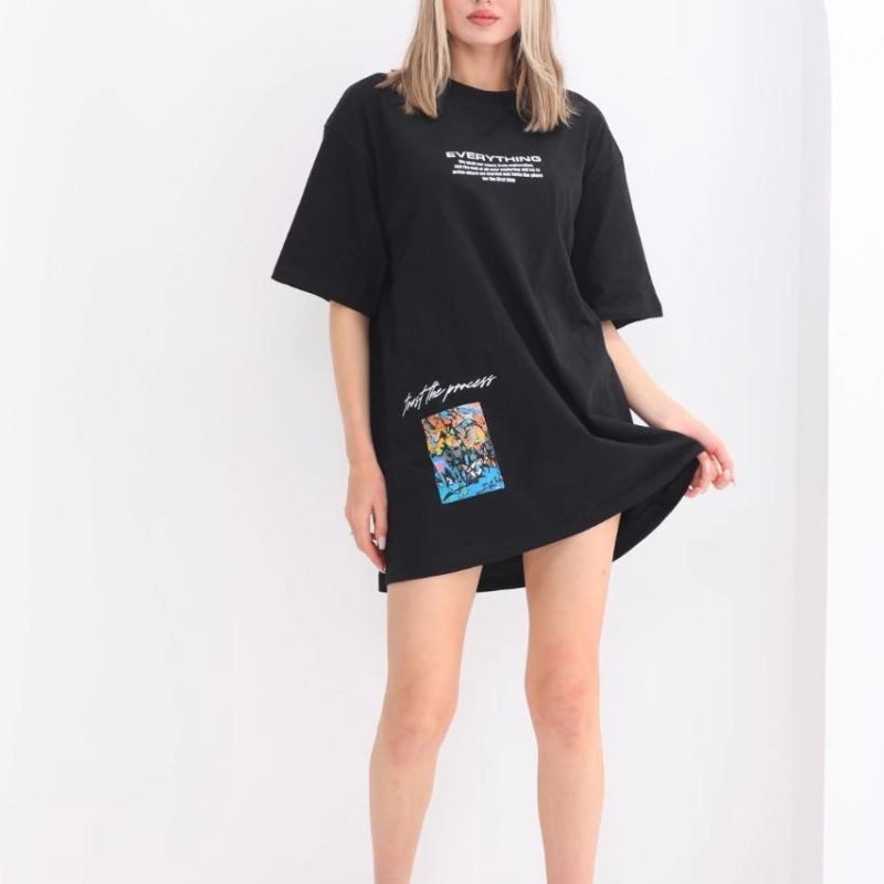 kadın  Bisiklet Yaka Baskılı Oversize T-Shirt - Siyah