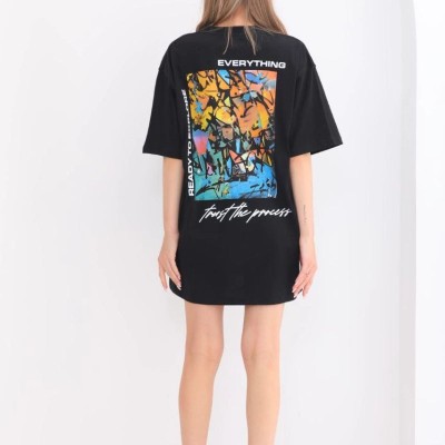 kadın  Bisiklet Yaka Baskılı Oversize T-Shirt - Siyah