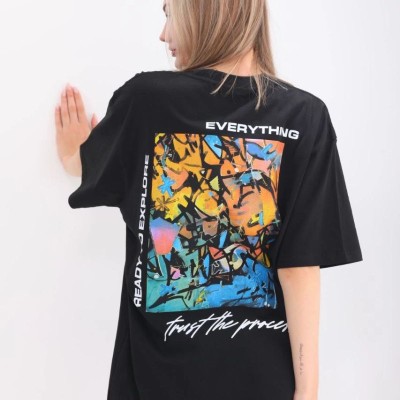 kadın  Bisiklet Yaka Baskılı Oversize T-Shirt - Siyah