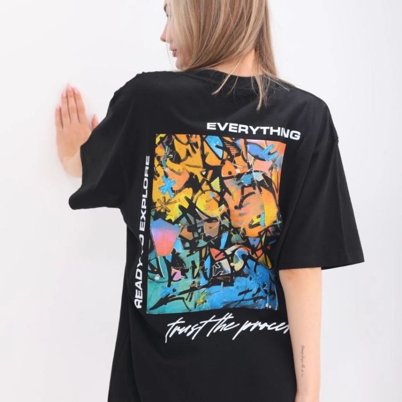 kadın  Bisiklet Yaka Baskılı Oversize T-Shirt - Siyah