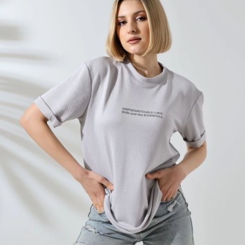 Kadın Bisiklet Yaka Baskılı Slim Fit T-Shirt - Boyalı Gri