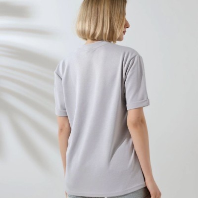 Kadın Bisiklet Yaka Baskılı Slim Fit T-Shirt - Boyalı Gri