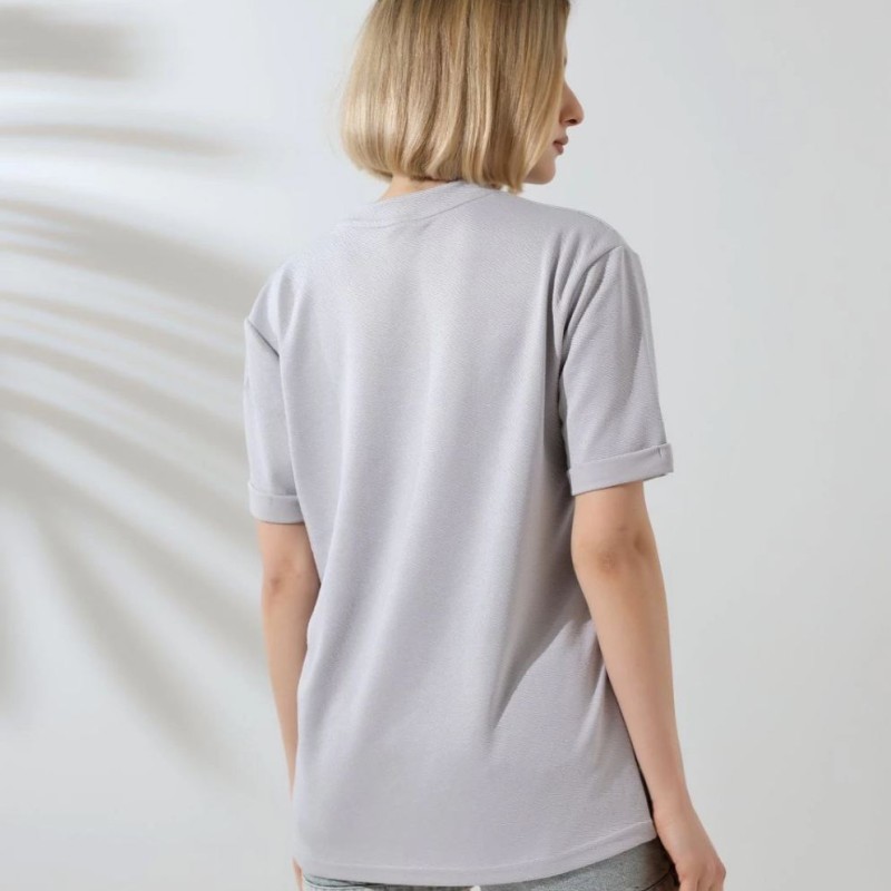 Kadın Bisiklet Yaka Baskılı Slim Fit T-Shirt - Boyalı Gri