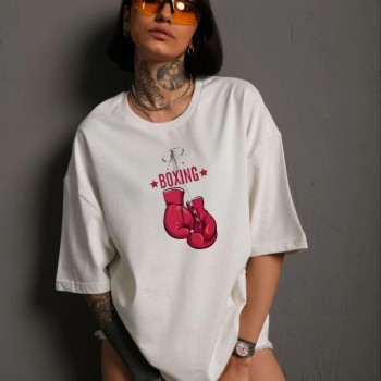 kadın Bisiklet Yaka Boks Eldiven Baskılı Oversize T-Shirt - Beyaz