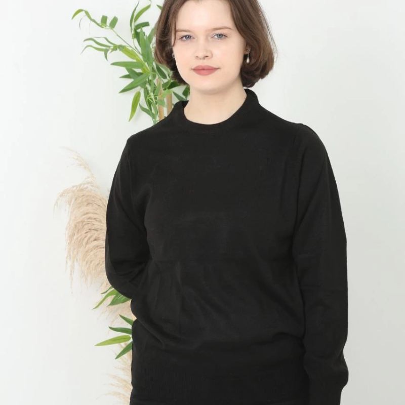 Kadın Bisiklet yaka Kazak Uzun Kol Dokuma Triko - Siyah