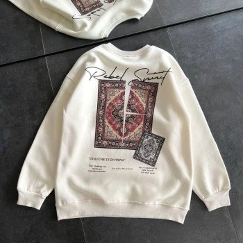 Kadın Bisiklet Yaka Kilim Halı Baskılı 3 İplik Pamuklu Sweatshirt - Beyaz