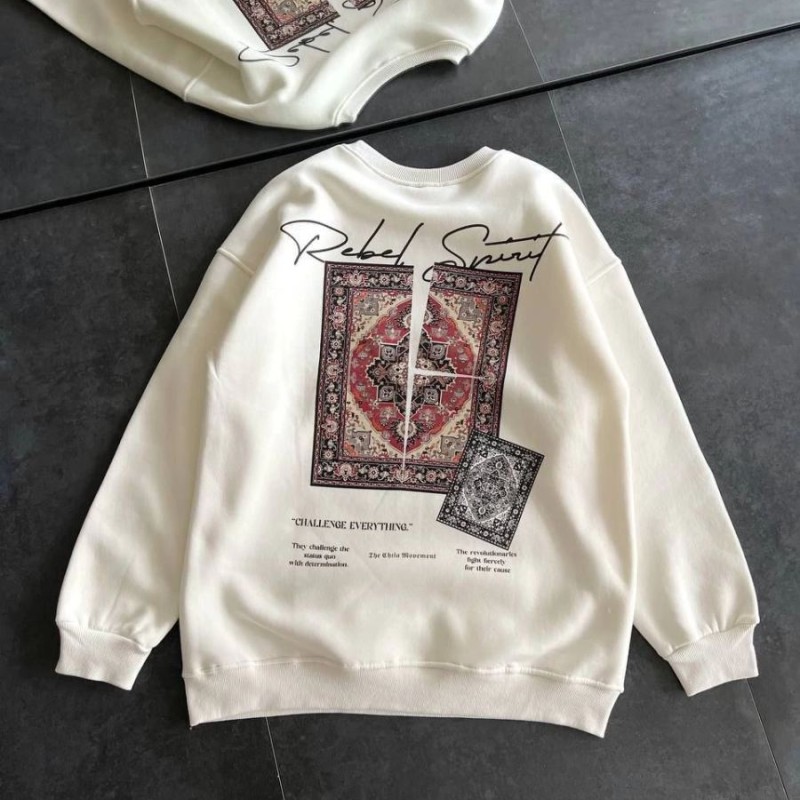 Kadın Bisiklet Yaka Kilim Halı Baskılı 3 İplik Pamuklu Sweatshirt - Beyaz