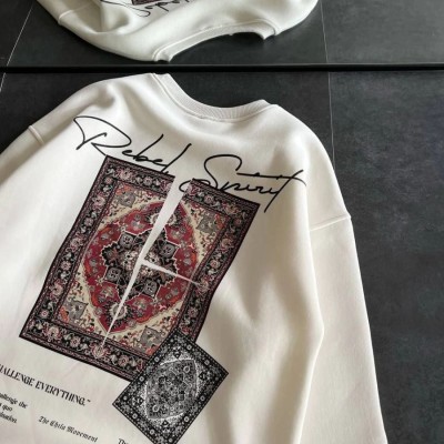 Kadın Bisiklet Yaka Kilim Halı Baskılı 3 İplik Pamuklu Sweatshirt - Beyaz