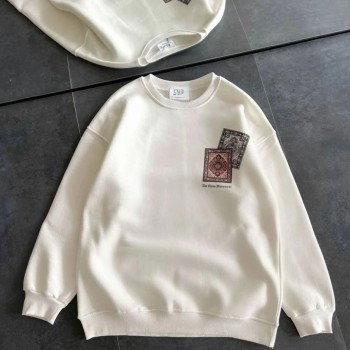 Kadın Bisiklet Yaka Kilim Halı Baskılı 3 İplik Pamuklu Sweatshirt - Beyaz