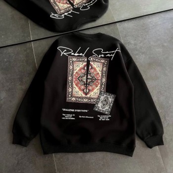 Kadın Bisiklet Yaka Kilim Halı Baskılı 3 İplik Pamuklu Sweatshirt - Siyah