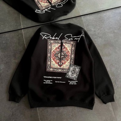 Kadın Bisiklet Yaka Kilim Halı Baskılı 3 İplik Pamuklu Sweatshirt - Siyah