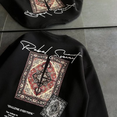 Kadın Bisiklet Yaka Kilim Halı Baskılı 3 İplik Pamuklu Sweatshirt - Siyah