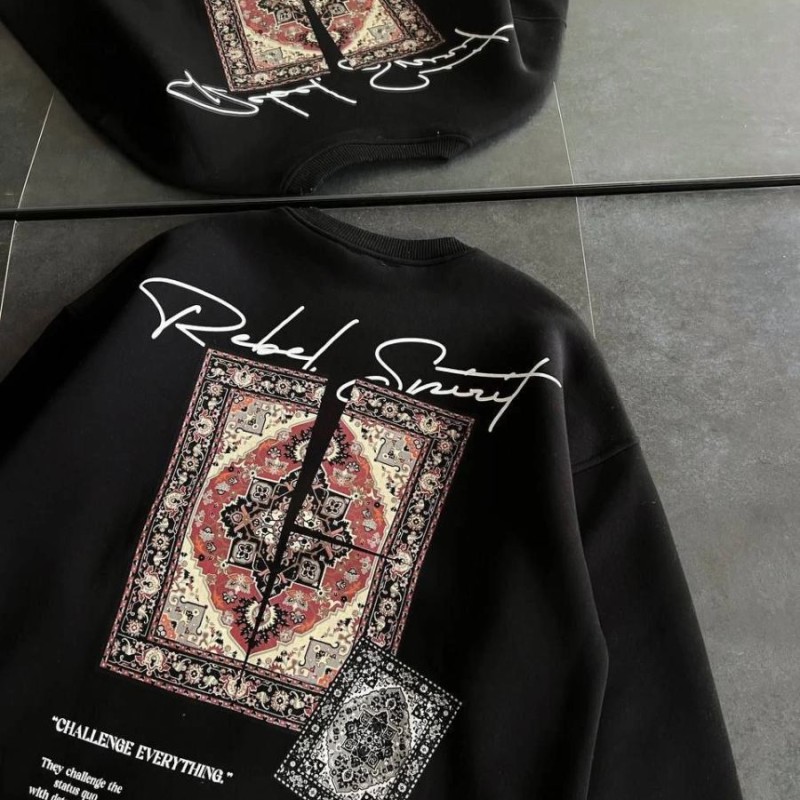 Kadın Bisiklet Yaka Kilim Halı Baskılı 3 İplik Pamuklu Sweatshirt - Siyah