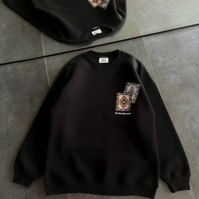 Kadın Bisiklet Yaka Kilim Halı Baskılı 3 İplik Pamuklu Sweatshirt - Siyah