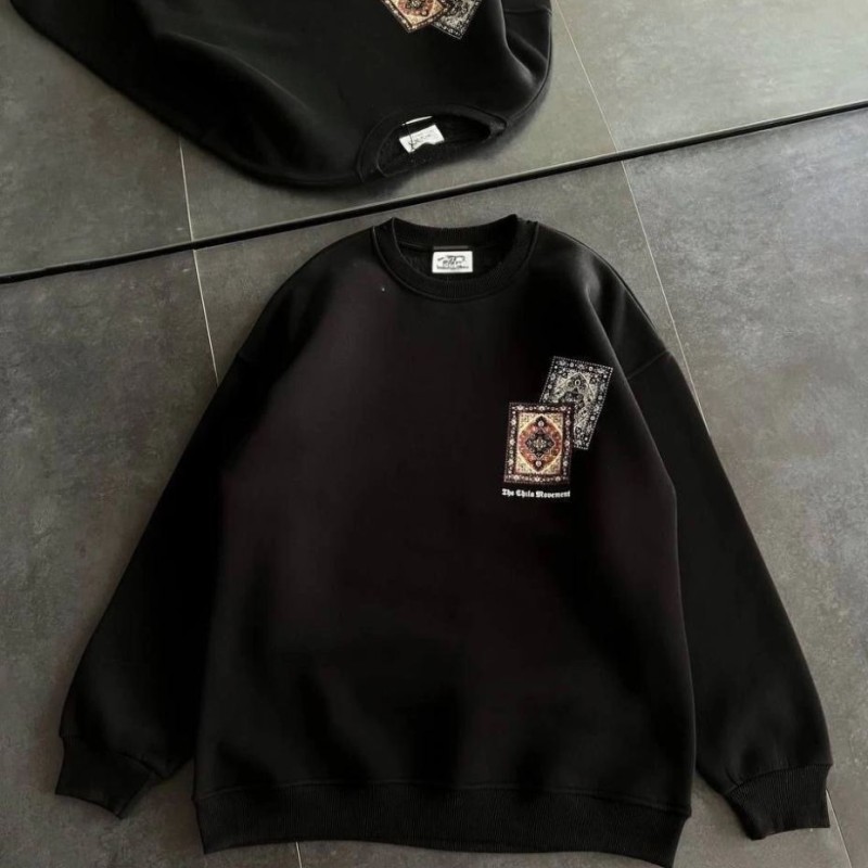 Kadın Bisiklet Yaka Kilim Halı Baskılı 3 İplik Pamuklu Sweatshirt - Siyah
