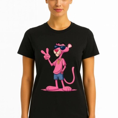 Kadın Bisiklet Yaka Kısa Kollu Baskılı T-shirt - Siyah