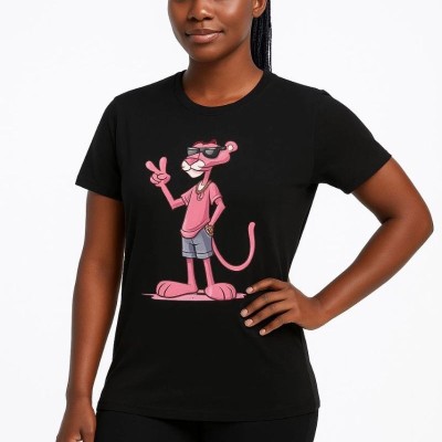 Kadın Bisiklet Yaka Kısa Kollu Baskılı T-shirt - Siyah