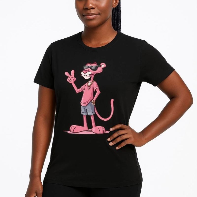 Kadın Bisiklet Yaka Kısa Kollu Baskılı T-shirt - Siyah