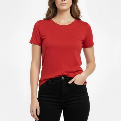 Kadın Bisiklet Yaka Slim Fit Likralı Tişört - Kırmızı