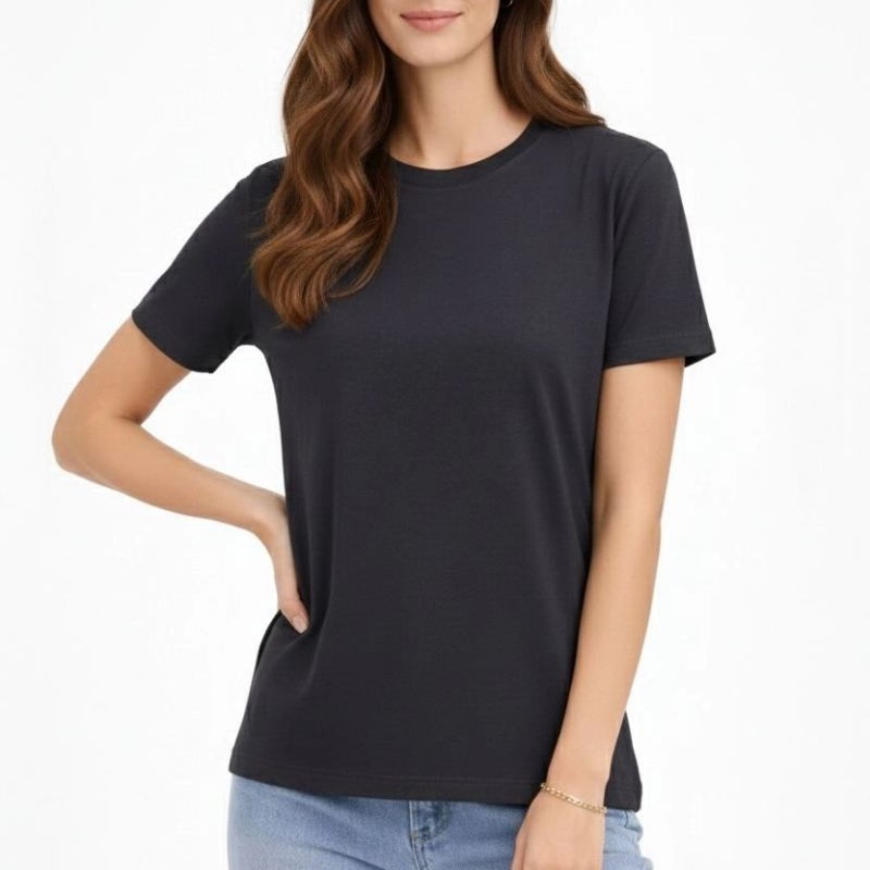 Kadın Bisiklet Yaka Yazlık Kısa kol Düz Tişört Regular Kalıp T-shirt - Füme