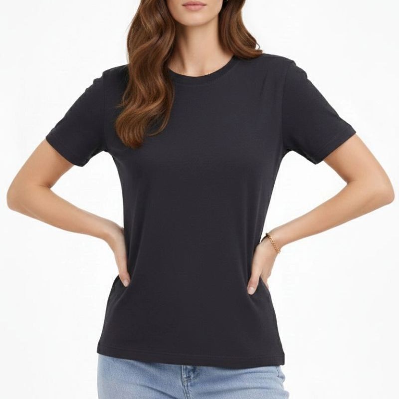 Kadın Bisiklet Yaka Yazlık Kısa kol Düz Tişört Regular Kalıp T-shirt - Füme