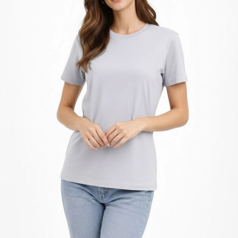 Kadın Bisiklet Yaka Yazlık Kısa kol Düz Tişört Regular Kalıp T-shirt - Gri