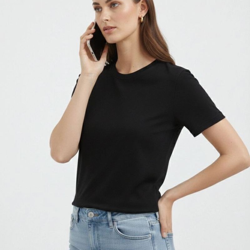 Kadın Bisiklet Yaka Yazlık Kısa kol Düz Tişört Regular Kalıp T-shirt - Siyah