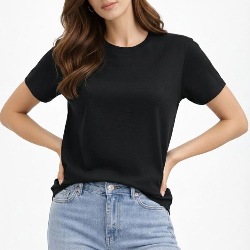 Kadın Bisiklet Yaka Yazlık Kısa kol Düz Tişört Regular Kalıp T-shirt - Siyah