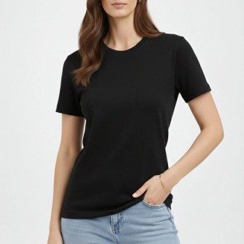 Kadın Bisiklet Yaka Yazlık Kısa kol Düz Tişört Regular Kalıp T-shirt - Siyah