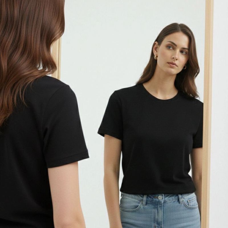 Kadın Bisiklet Yaka Yazlık Kısa kol Düz Tişört Regular Kalıp T-shirt - Siyah
