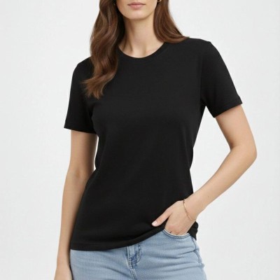 Kadın Bisiklet Yaka Yazlık Kısa kol Düz Tişört Regular Kalıp T-shirt - Siyah