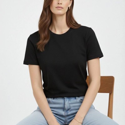 Kadın Bisiklet Yaka Yazlık Kısa kol Düz Tişört Regular Kalıp T-shirt - Siyah