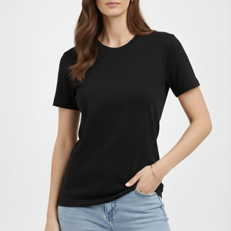 Kadın Bisiklet Yaka Yazlık Kısa kol Düz Tişört Regular Kalıp T-shirt - Siyah