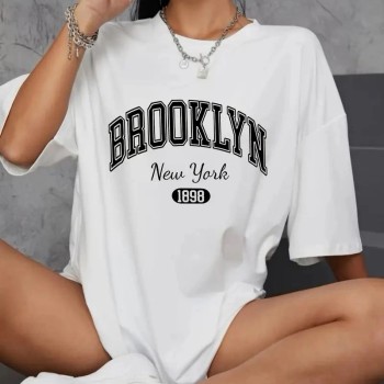 Kadın Brooklyn Baskılı Tişört Kısa Kol Bisiklet Yaka Oversize T-Shirt - Beyaz