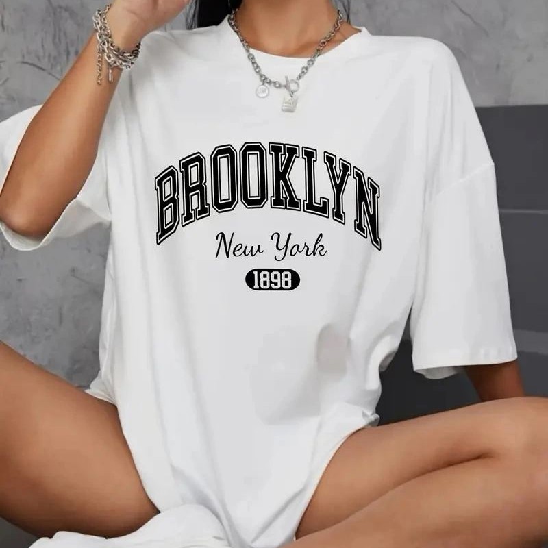 Kadın Brooklyn Baskılı Tişört Kısa Kol Bisiklet Yaka Oversize T-Shirt - Beyaz
