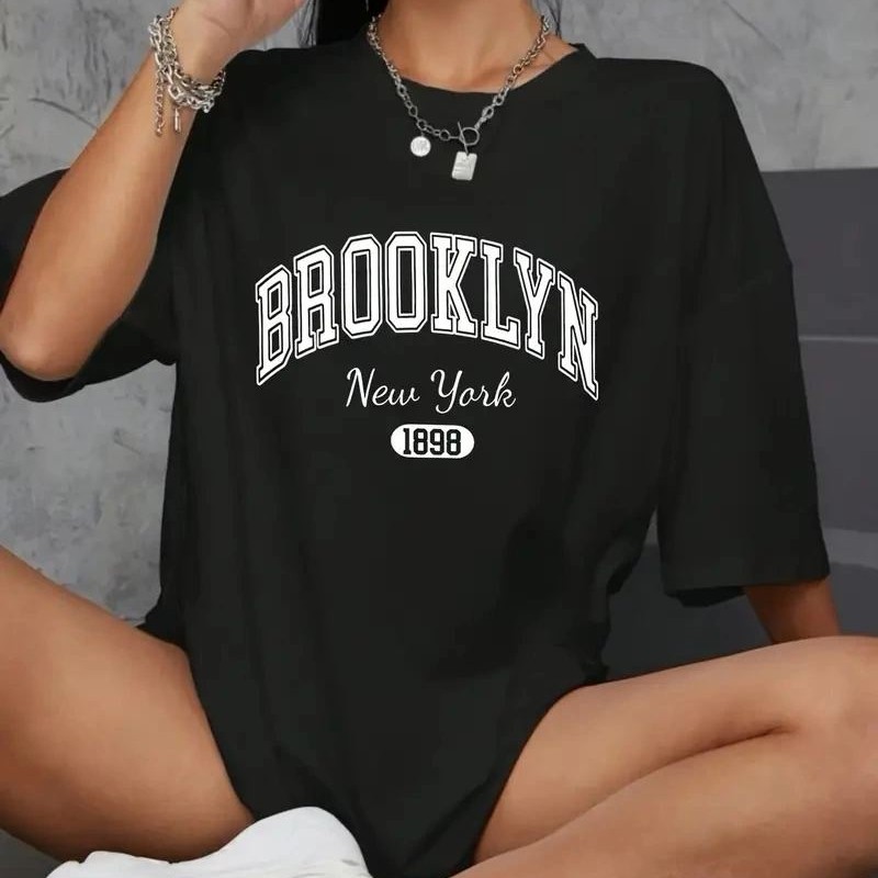 Kadın Brooklyn Baskılı Tişört Kısa Kol Bisiklet Yaka Oversize T-Shirt - Siyah