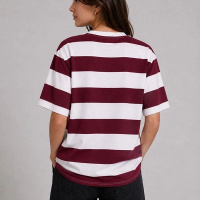 Kadın Çizgili Oversize Tişört Bisiklet Yaka Kısa Kol Yazlık T-Shirt - Bordo