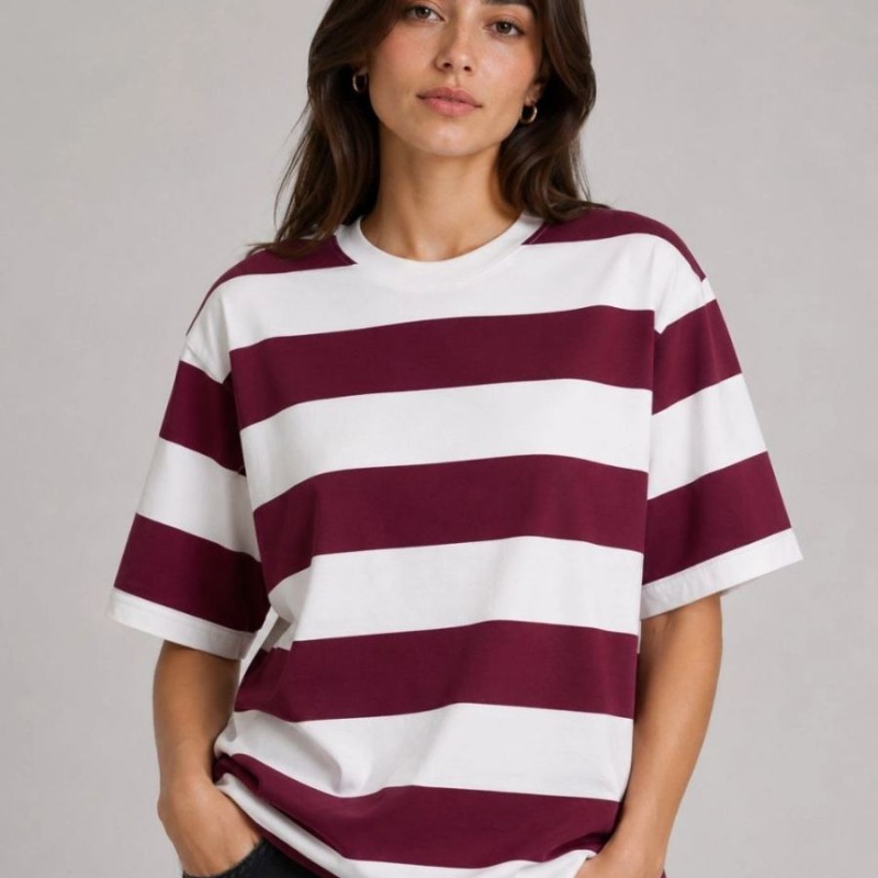Kadın Çizgili Oversize Tişört Bisiklet Yaka Kısa Kol Yazlık T-Shirt - Bordo