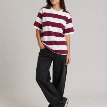 Kadın Çizgili Oversize Tişört Bisiklet Yaka Kısa Kol Yazlık T-Shirt - Bordo