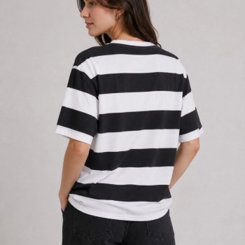 Kadın Çizgili Oversize Tişört Bisiklet Yaka Kısa Kol Yazlık T-Shirt - Siyah