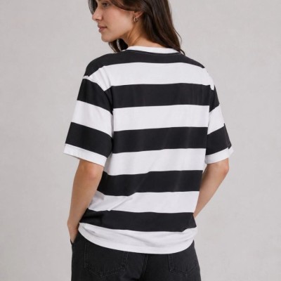 Kadın Çizgili Oversize Tişört Bisiklet Yaka Kısa Kol Yazlık T-Shirt - Siyah