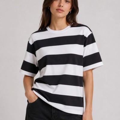 Kadın Çizgili Oversize Tişört Bisiklet Yaka Kısa Kol Yazlık T-Shirt - Siyah