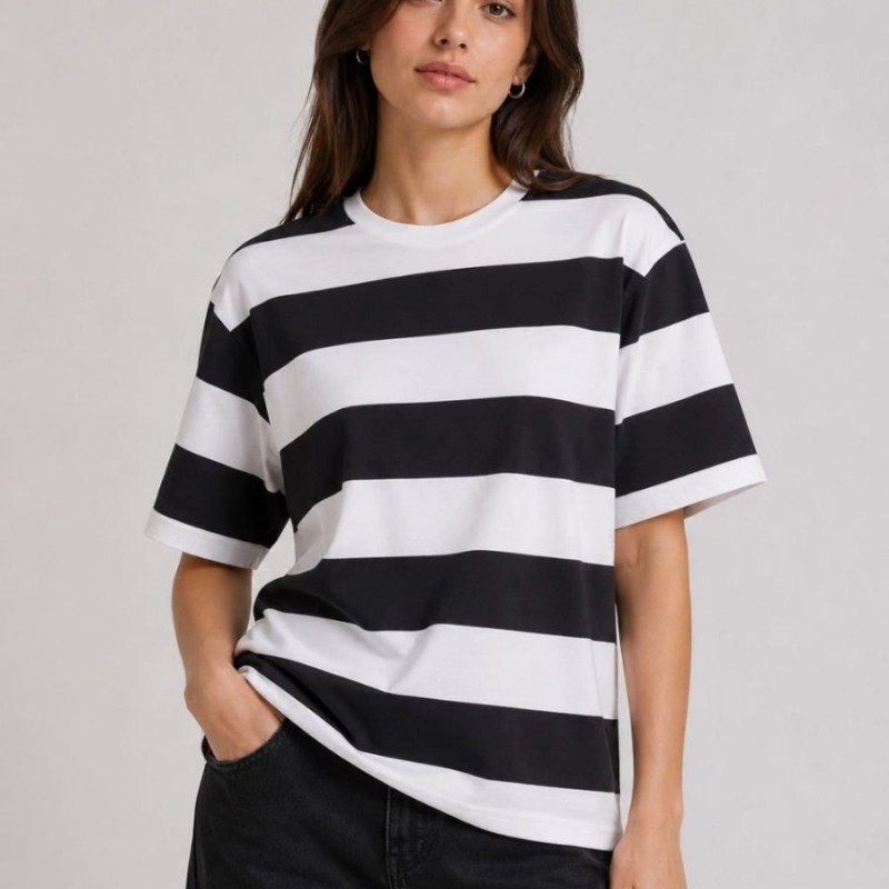 Kadın Çizgili Oversize Tişört Bisiklet Yaka Kısa Kol Yazlık T-Shirt - Siyah