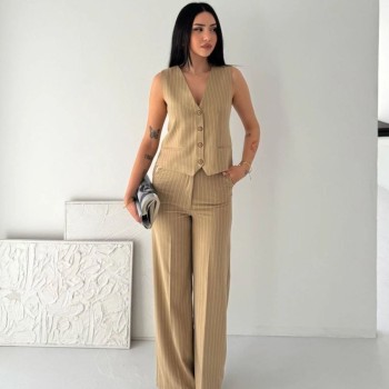Kadın Çizgili Tansel Kumaş Yelek Pantolon İkili Takım Ofis Şık Modern - Bej