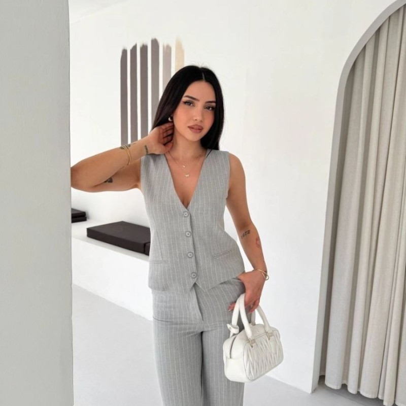 Kadın Çizgili Tansel Kumaş Yelek Pantolon İkili Takım Ofis Şık Modern - Gri